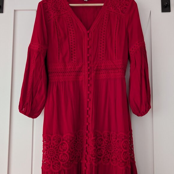 CHICWISH Button Down Crochet Embroidered Boho Maxi Dress in Red, size S - Picture 2 of 8